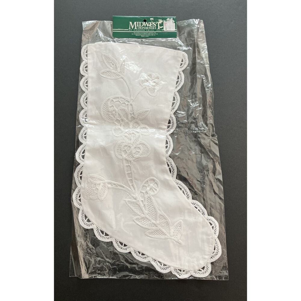 Vtg White Christmas Stocking Linen? Scalloped Lace Border 15X6 Midwest Imports